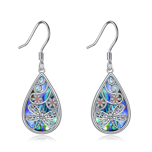 POPLYKE Dragonfly Earrings 925 Sterling Silver Leverback Earrings for Women Teardrop Abalone Earrings Dangle Dragonfly Jewelry Gifts