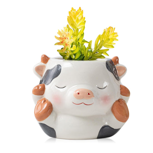 DIYOMR Cute Animals Planter, Mini Ceramic Cartoon Animal Shaped Succulent Flower Pot Indoor Air Plants Holder, Smooth Shiny Decorative Flower Cactus Planter - Plants Not Included (Milk Cow)