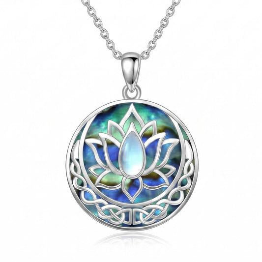 SILBAZ Lotus Necklace Moonstone Pendant Necklace Celtic Knot Pendant Yoga Lotus Jewelry for Women