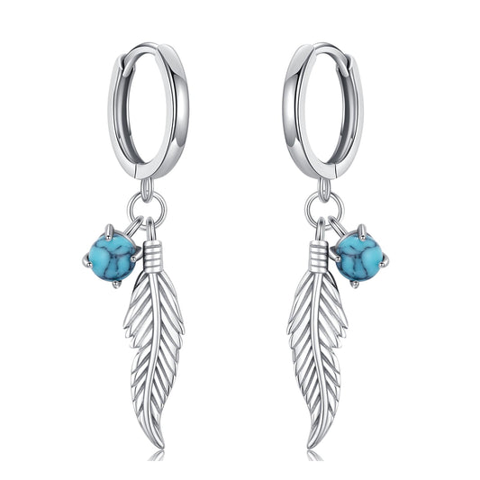 Feather Turquoise Earrings 925 Sterling Silver GenuineTurquoise Dangle Earrings Western Earring Native American Jewelry Indigenous Gifts for Women