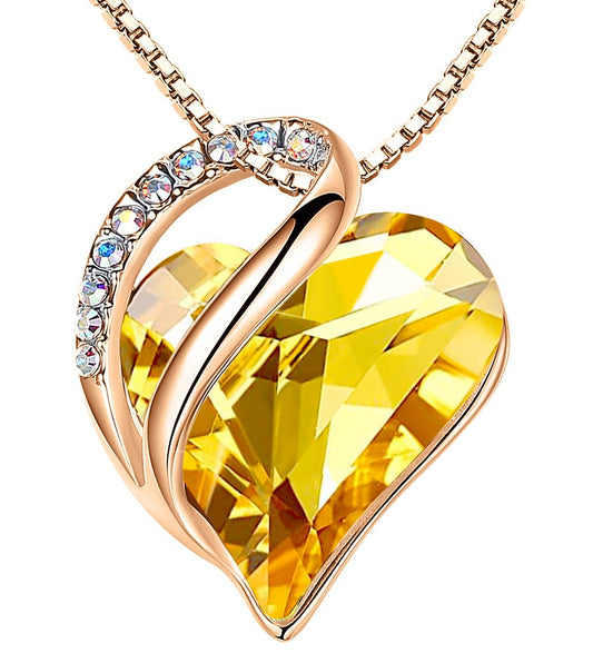 Leafael Gifts for Women Rose Gold Plated Necklaces: Heart Citrine Yellow Crystal, November Birthstone, Hypoallergenic Chain (18"+2"), Birthday Jewelry for Mom and Wife