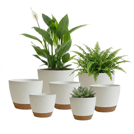 LIFFY Plant Pots, 8,7.5,7,6.5,6,5.5,5 Inch Plastic Self Watering Planters with Drainage Holes & Saucers, 7-Pack White Nursery Planting Pot with Deep Reservoir for Indoor Outdoor Plants