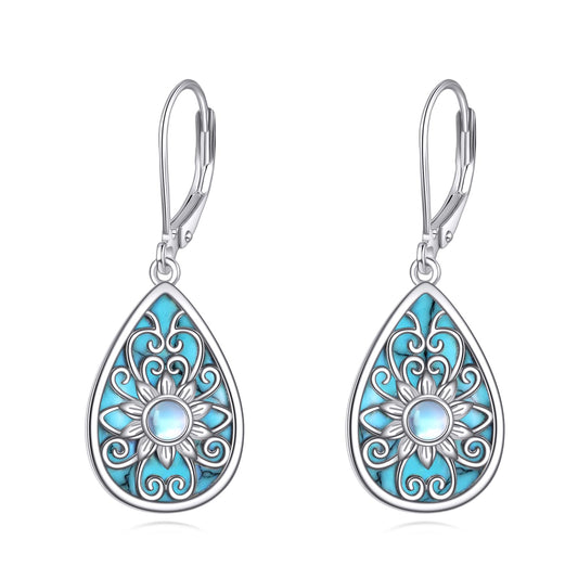 YONFQE Filigree Dangling Earrings Sterling Silver Teardrop Turquoise Drop Dangle Earring Filigree Leverback Gifts for Women