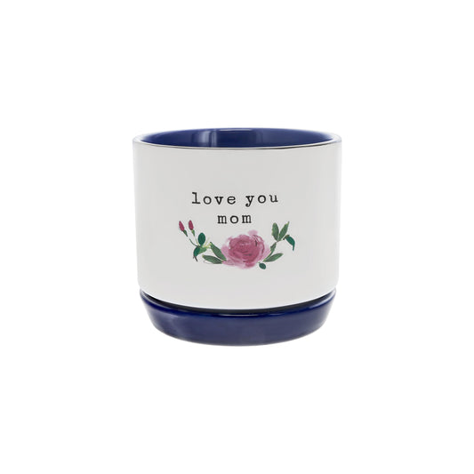 Pavilion Gift Company - Mom - Planter with Attached Dish, Ceramic Planter with Drainage Hole, Succulent Orchid Flower Pot, Unique, 1 Count (Pack of 1), 4.75 x 4.25 inches