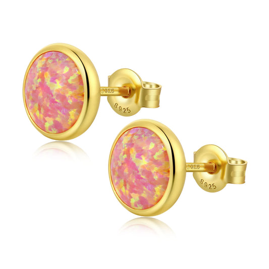 JiayangJY Silver Red Fire Opal Stud Earrings for Women 18K Yellow Gold Plated Sterling Silver Round Shape 7mm Opal Earrings with Push Back