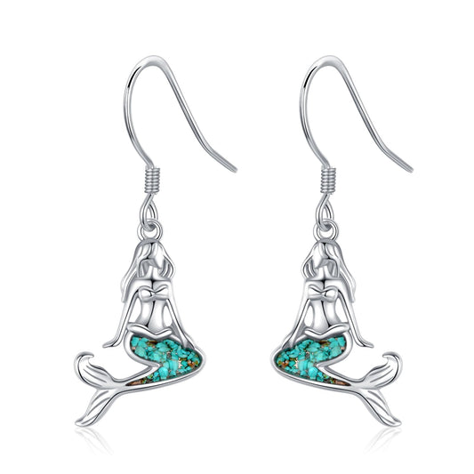Mermaid Earrings for Women 925 Sterling Silver Turquoise Ocean Dangle Drop Earrings Sea Beach Themed Jewelry Summer little Mermaid Gifts for Friends