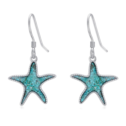 HPQQ Starfish Earrings 925 Sterling Silver Turquoise Starfish Dangle Earrings Ocean Beach Themed Jewelry Mother's Day Jewelry Gifts for Women