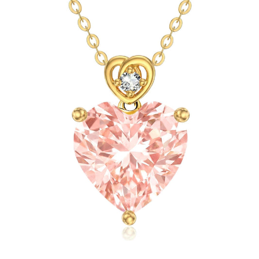 NFYBD 14k Gold Love Heart Morganite Birthstone Pendant Necklace for Women 3 Carat Heart-cut Created Gemstone Anniversary Birthday Mother's Day Necklaces for Her 16+1+1 inch