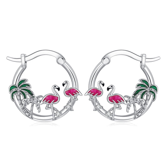 Flamingo Earrings 925 Sterling Silver 2 Pink Bird Hoop Earrings Palm Tree Hawaiian Jewelry Graduation Gifts for Women Daughter Her