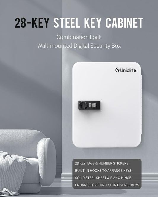 Uniclife 28-Key Steel Key Cabinet with Combination Lock Wall Mounted Key Organizer with Resettable Code White Digital Security Box with Hooks and Large Key Tag Labels Identifiers in 5 Assorted Colors