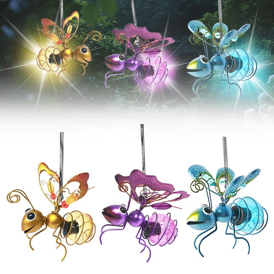 Solar Hanging Bee Light, 3PCS Solar Iron Insect Statue with Led Fairy Light, Hanging Bee Solar Garden Lights Decor for Outside, Waterproof Insect Ornament for Yard Tree Porch Patio (3-Color Mix)