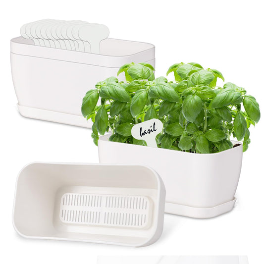 Oliz 4 Set Window Herb Planter Box Rectangular, Green Plastic Planters with Multiple Drainage Holes and Trays,Indoor Succulent Cactus Mint Flower Pot for Windowsill, Garden Balcony