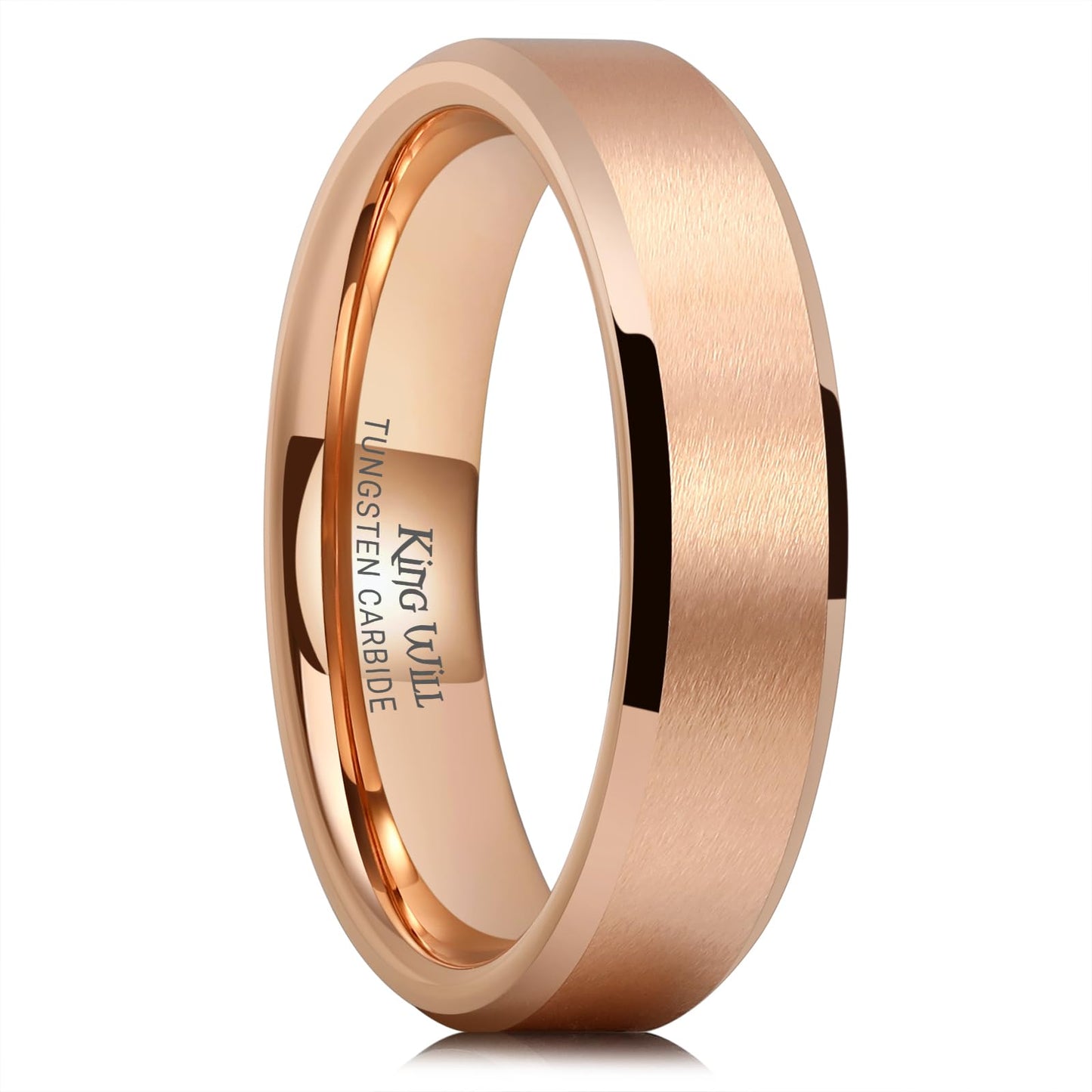 King Will 6mm Men's Rose Gold Wedding Ring – Matte Brushed, Beveled Polished Edge, Comfort Fit, Size 10