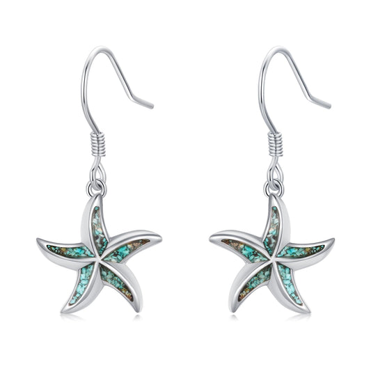 Starfish Earrings 925 Sterling Silver Turquoise Starfish Dangle Drop Earrings Summer Beach Themed Jewelry Ocean Gifts for Women