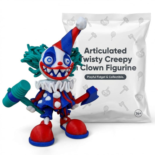 Articulated Creepy Clown Collectible Figurine with Axe & Mallet - 3D Printed in Canada