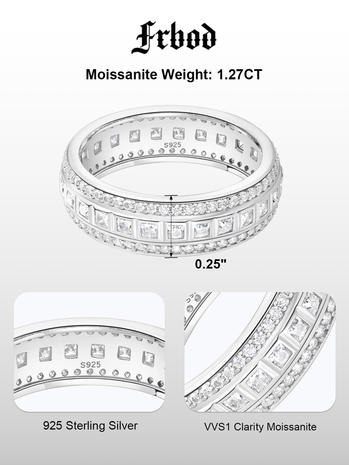 Frbod Eternity Moissanite Band for Women Men Channel Set Diamond Ring Silver White Gold Plated Rings Size 7
