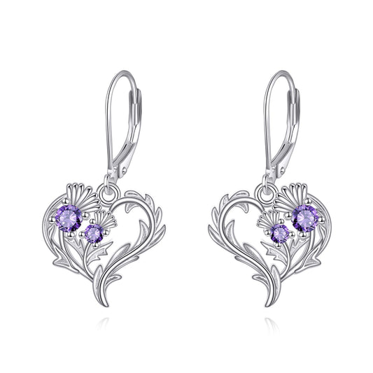 Scottish Thistle Earrings Sterling Silver Heart Scotland Thistle Dangle Dangling Drop Charm Jewelry Gifts for Women