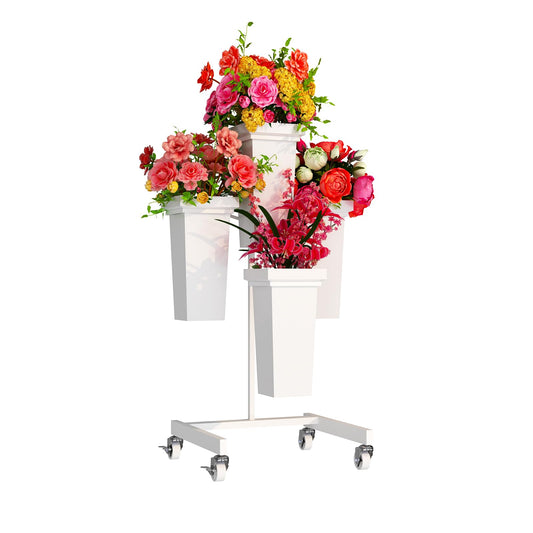 aboxoo Flower Display Stand with Buckets, Sturdy Flower Cart with Wheels, Metal Bouquet Bar for Wedding, Party, Patio, Bridal Shower