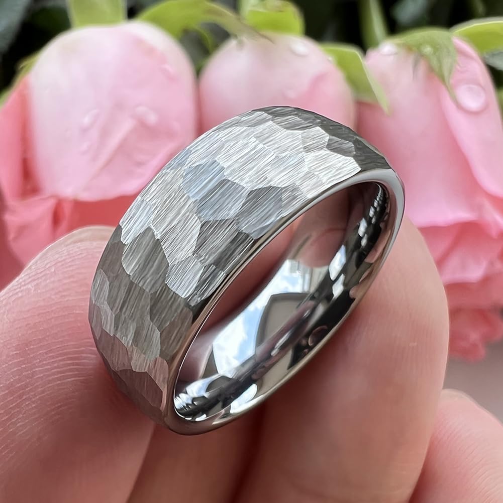 TUTISS 8mm Hammered Tungsten Rings for Men Women Fashion Engagement Wedding Bands Domed Matte Finish Comfort Fit Size 9.5