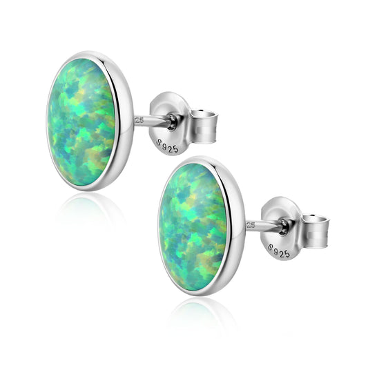 JiayangJY Silver Green Fire Opal Stud Earrings for Women Sterling Silver Oval Shape 6mm Opal Earrings with Push Back