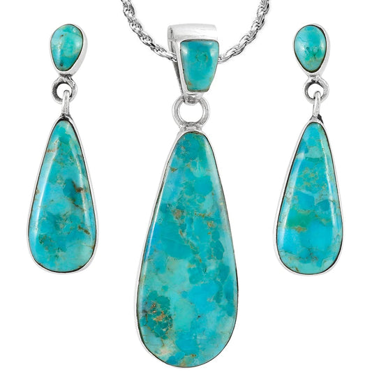 Turquoise Necklace & Earrings Set in Sterling Silver 925 with Genuine Gemstones (20” Chain)