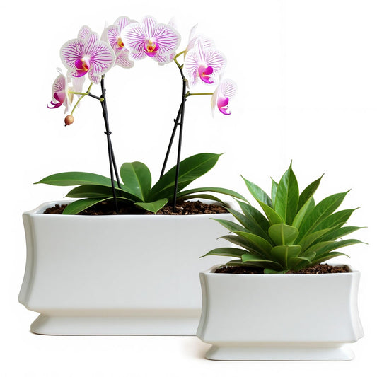 OXART Plant Pots, 11.8+9 inch Ceramic Planter, Indoor Pots Set with Drainage Holes, Flower Pot Rectangle Planters Pots with Hole Mesh Pad, Gifts for Mom, Decorative Ceramic Pots for Plants (White-4)