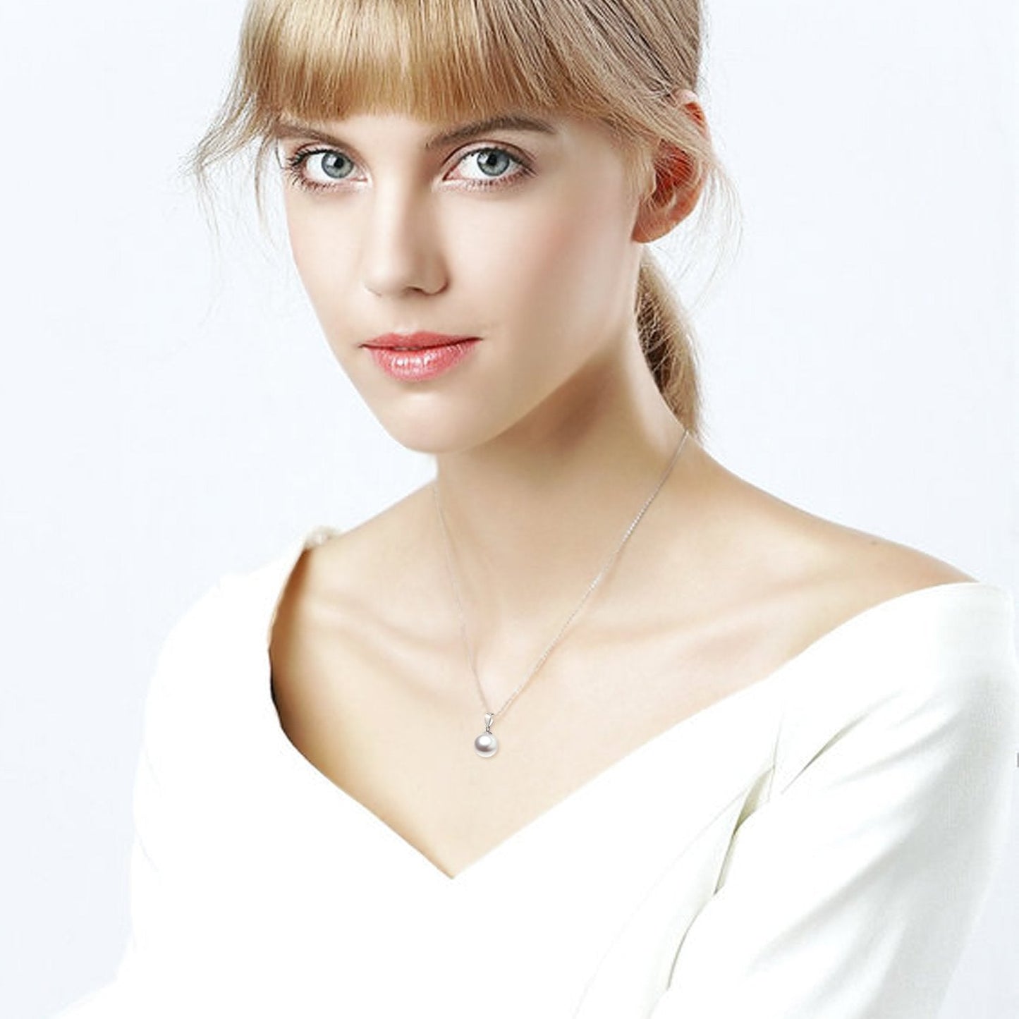 10K White Gold Freshwater Cultured Pearl Necklace and 18K Stud Earrings Set for Women, Jewelry Gifts for Her