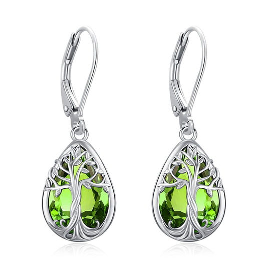Eusense Teardrop Dangle Peridot Earrings 925 Sterling Silver Tree of Life August Birthstone Jewelry Leverback Drop Tree of Life Earrings for Women Gift