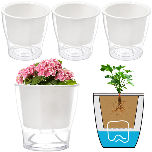 ZOOFOX 4 Pack Self Watering Pots for Indoor Plants, 7 Inch Large Clear Plastic Automatic-Watering Plant Pot, Modern Decorative Pot for Indoor Plants, Flowers, Herb, Aloe, Orchid, African Violets