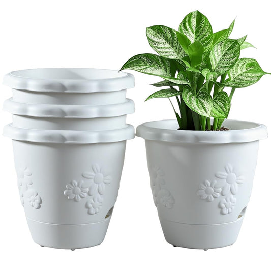 ULIKEIT 8 Inch Self Watering Pots for Indoor Plants, Set of 4 Plastic Planters with Drainage Holes and Saucers, Outdoor Flower Pots Home Garden Modern Decor (White)