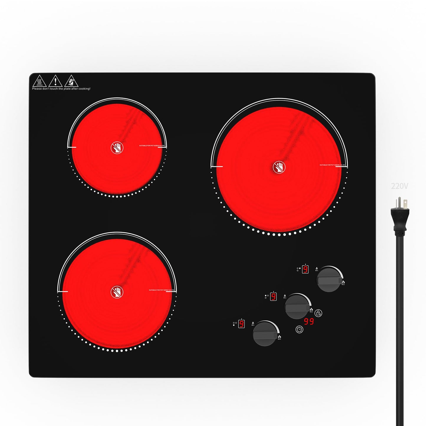 VBGK Electric Cooktop,24 inch 220V Stove Top,Touch and Knob Control,LED,9 Power Levels, Kids Lock &Timer,Overheat Protection,5000W 3 burner electric cooktop.