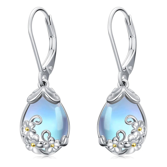 KoyeKei Plumeria Earrings for Women 925 Sterling Silver Plumeria Hawaii Moonstone Dangle Drop Leverback Earrings Hawaiian Jewelry Graduation Birthday Gifts for Girlfriend Her Lover