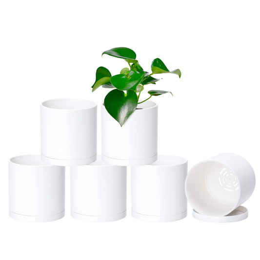 D'vine Dev 6 Pack 5 Inch Modern Plastic Plant Pots, Small Garden Planters for Plant with Drainage Holes and Saucers, White Color, 74-Z-G-3