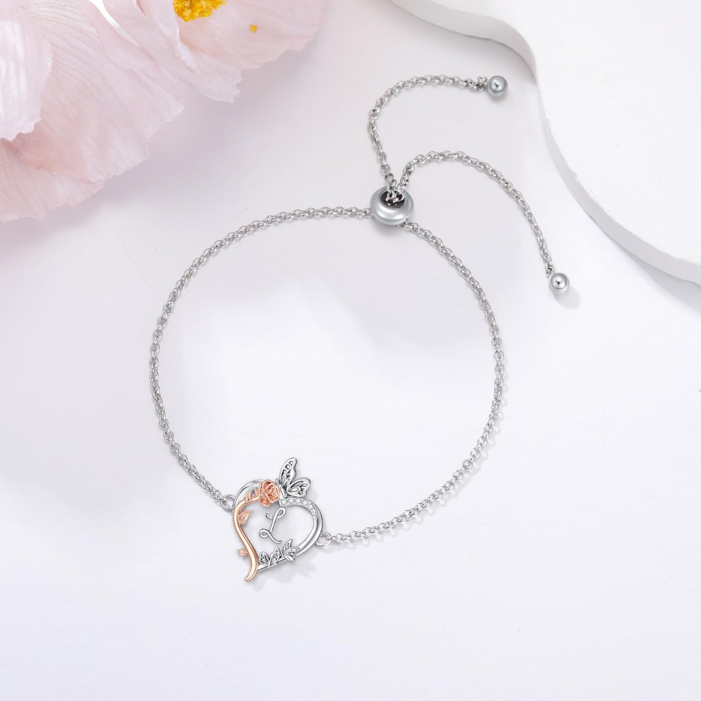 TOUPOP Rose Heart Bracelet for Women Sterling Silver Heart Initial L Letter Bracelet Butterfly Love Jewelry Anniversary Birthday Mothers Day Gifts for Mom Wife Her Girlfriend