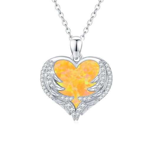 CUOKA MIRACLE Heart Necklace Angel Wing Heart Opal Necklace 925 Sterling Silver Women Necklace Guardian Angel Wings Pendant Necklace Dainty Opal Jewelry Birthday Gifts for Mom Women (Yellow Opal Wings)