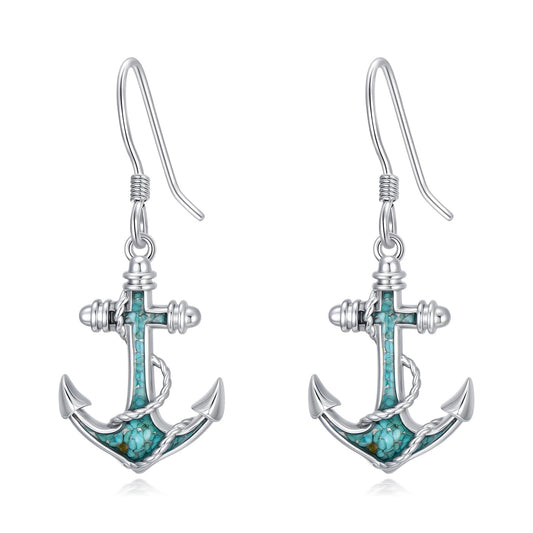 HPQQ Anchor Earrings 925 Sterling Silver Turquoise Anchor Dangle Earrings Ocean Beach Themed Jewelry Mother's Day Jewelry Gifts for Women