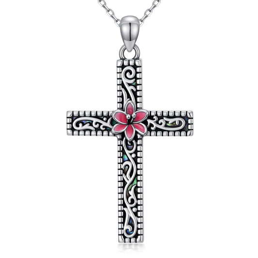 KoyeKei Lily Cross Necklace for Women 925 Sterling Silver Lily Flower Pink Filigree Necklaces Pendant Christian Faith Jewelry with Abalone Shell Gifts for Mom Lover Mothers Day Birthday Graduation