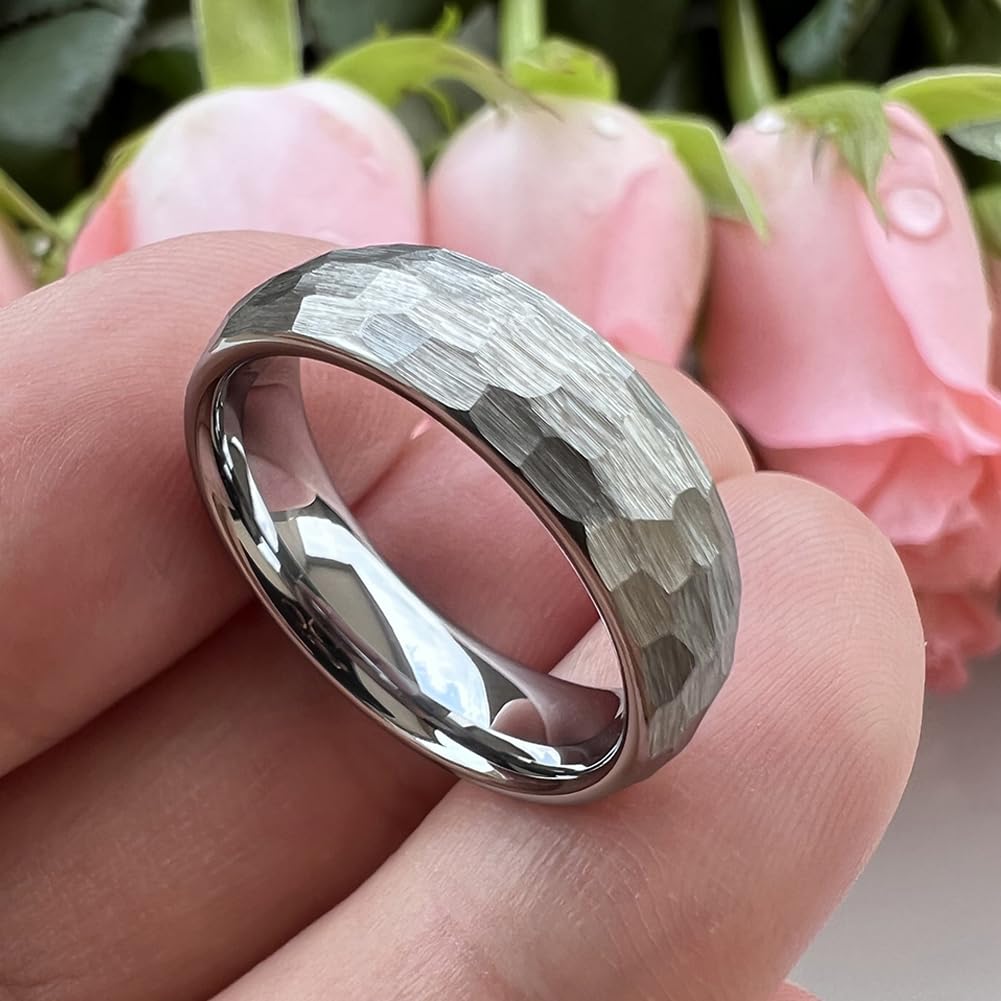 TUTISS 6mm Hammered Tungsten Rings for Men Women Fashion Engagement Wedding Bands Domed Matte Finish Comfort Fit Size 5