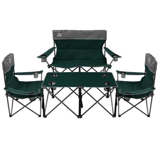 LANMOUNTAIN Oversized 4 Pcs Camping Chair Set with Table,Outdoor Folding Heavy Duty Lawn Chair,Cup Holder,Portable,Loveseat Chair Perfect for Family Hiking,Picnics and Beach Trips,Dark Green