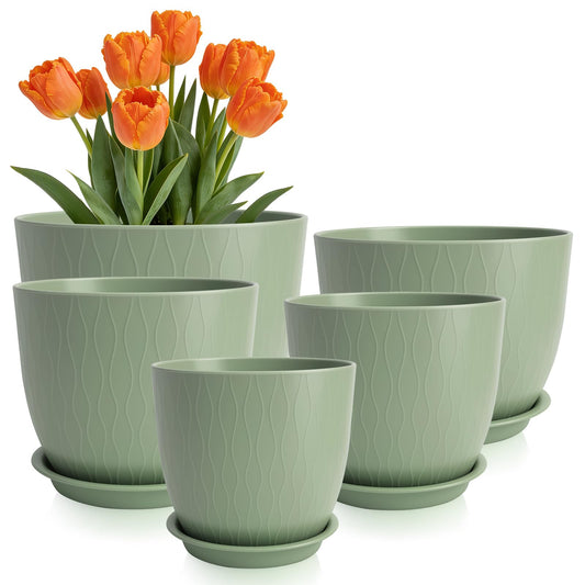 GARDIFE Plant Pots 10/9/8/7.5/7 Inch Plant Pots, Set of 5 Plastic Planters with Drainage Holes and Saucers,Plastic Flower Pots,Nursery Planting Pot for Indoor Out Door Plants (Green)