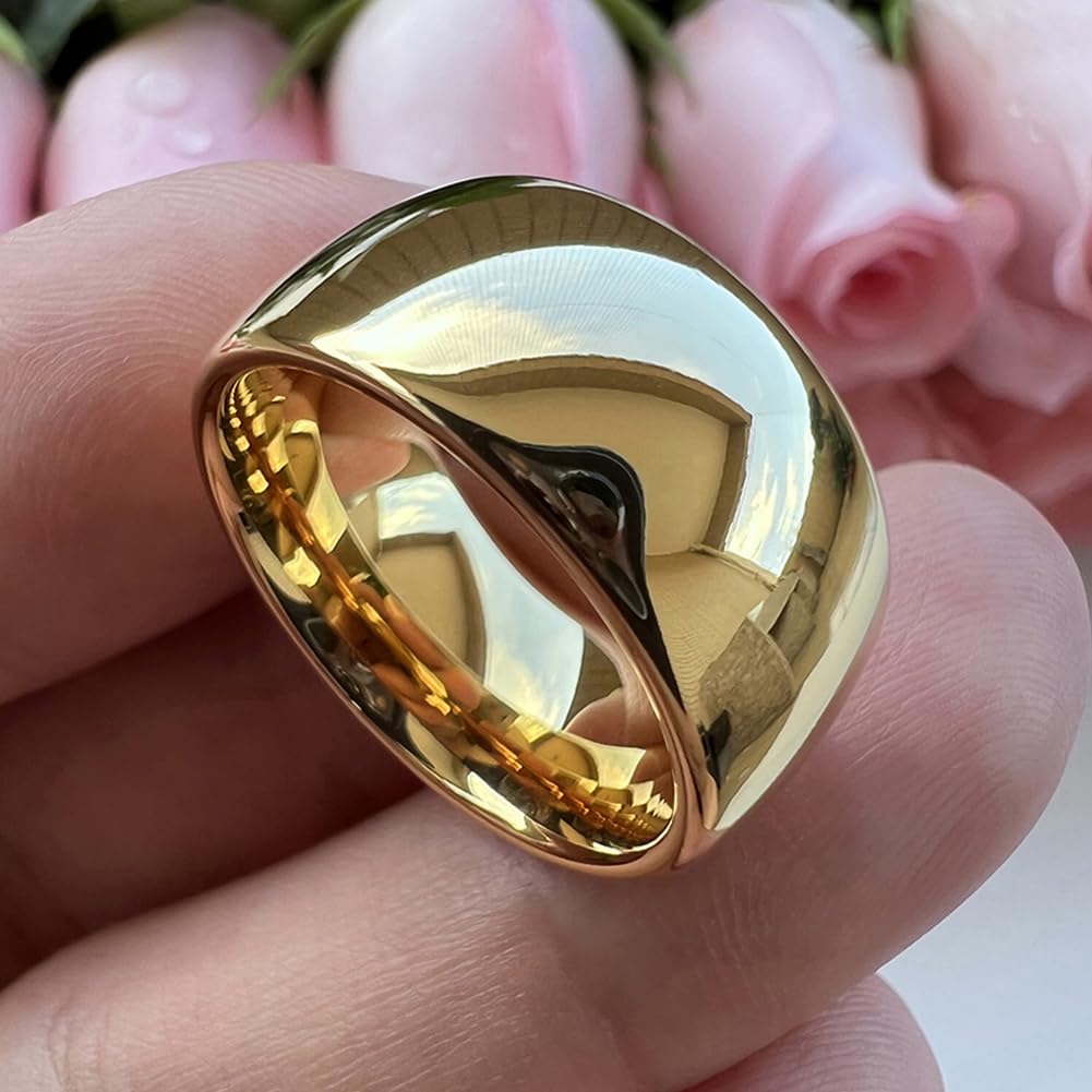 TUTISS 10mm Gold Tungsten Rings for Men Women Engagement Wedding Bands Domed Polished Comfort Fit Size 12