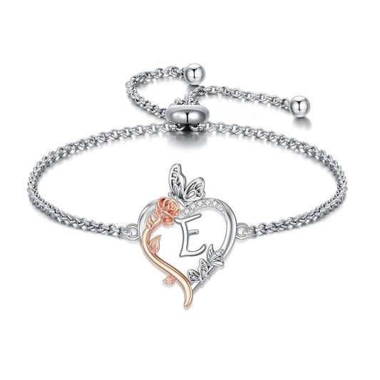 TOUPOP Rose Heart Bracelet for Women Sterling Silver Heart Initial E Letter Bracelet Butterfly Love Jewelry Anniversary Birthday Mothers Day Gifts for Mom Wife Her Girlfriend