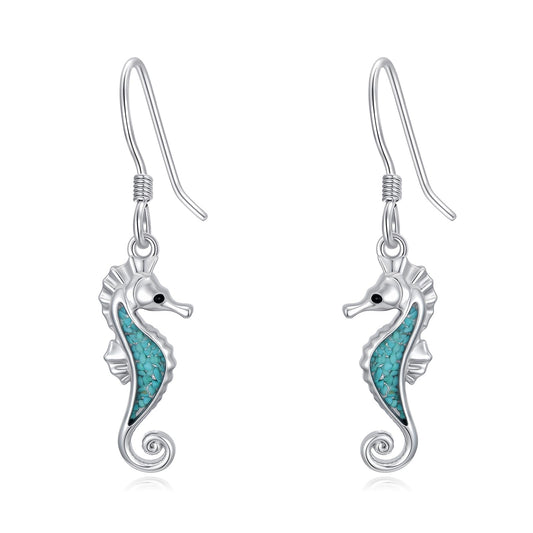 HPQQ Seahorse Earrings 925 Sterling Silver Turquoise Seahorse Dangle Earrings Ocean Beach Themed Jewelry Mother's Day Jewelry Gifts for Women