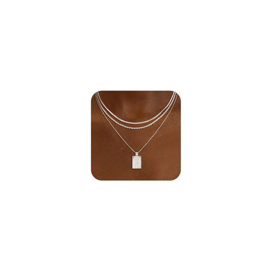 CHESKY Layered Silver Necklaces for Women Trendy, Dainty Silver Plated Stackable Charm Necklaces for Womens Square Pendant Necklaces Silver Jewelry Set for Women Gifts