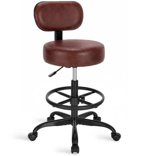 SUPERJARE Drafting Chair with Back, Adjustable Foot Rest Rolling Stool, Multi-Purpose Office Desk Chair, Thick Seat Cushion for Home Bar Kitchen Shop - Rustic Brown
