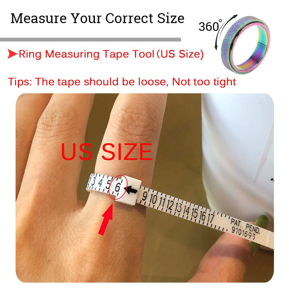 OreilleStar Anxiety Ring for Women Fidget Spinner Ring Fidget Toys Adults Titanium Stainless Steel Thumb Ring 6mm Wide Rainbow Size 8
