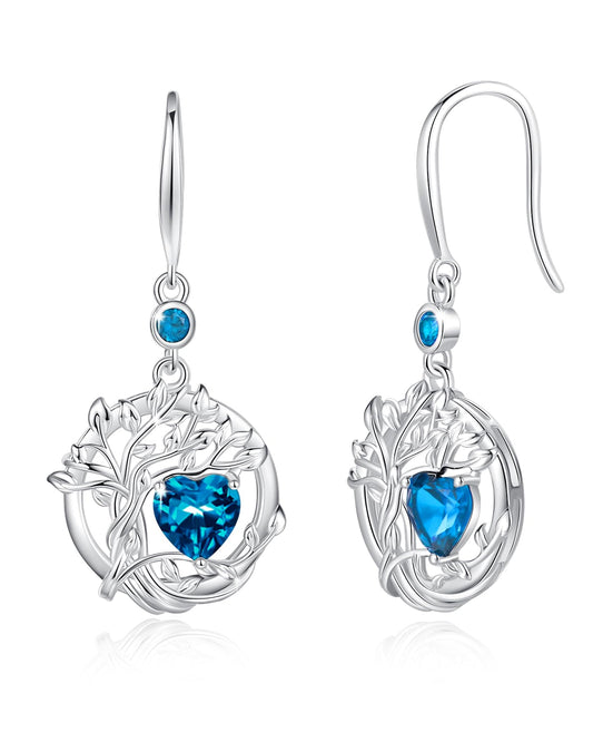 FANCIME Tree of Life Earrings 925 Sterling Silver Dainty Blue Topas Dangle Drop Gemstone Earring November December Birthstone Fine Jewelry Birthday Mothers Day Gifts for Women Her Mom