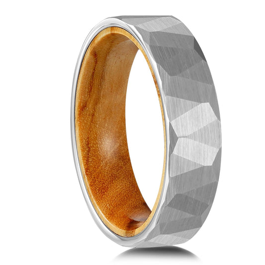 JEWPER 2/4/6/8mm Black/silver/gold Tungsten Rings for Men Womens Couple Fashion Jewelry Promise Engagement Wedding Band Hammered Inner ring inlaid with olive wood Carbide Polished Edge Comfort Fit
