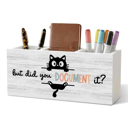XINCEYWJ Funny Black Cat Pencil Pen Holder for Desk Organizer, Black Cat Gifts, HR Human Resource Gifts, But Did You Document It Wooden Box Decorations for Office Workplace Desk Tabletop Decor