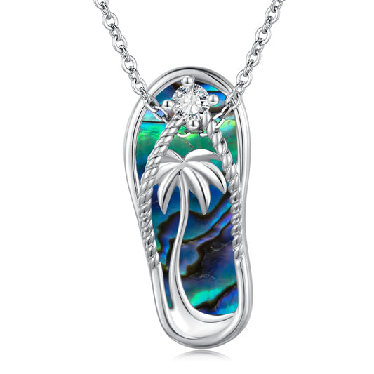 Midir&Etain Summer Necklace 925 Sterling Silver Palm Tree Pendant Beach Abalone Necklace Flip-Flop Jewelry for Women